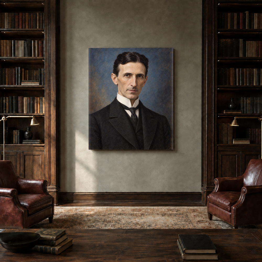 Nikola Tesla oil portrait in a private library