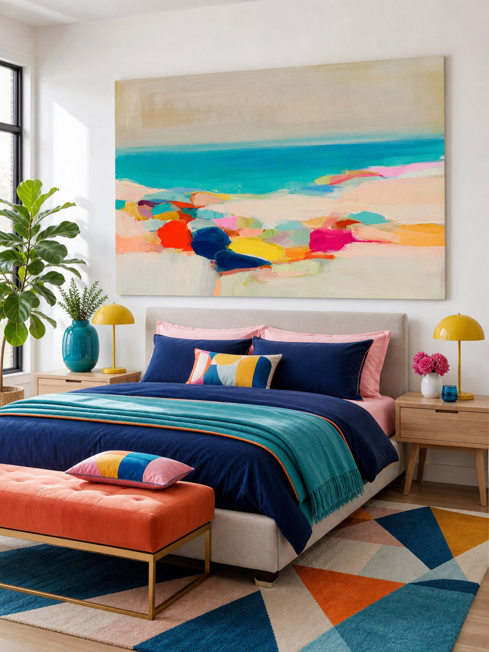 Hand Painted Ocean Art With Colorful Stones And Calm Blue Water For Home