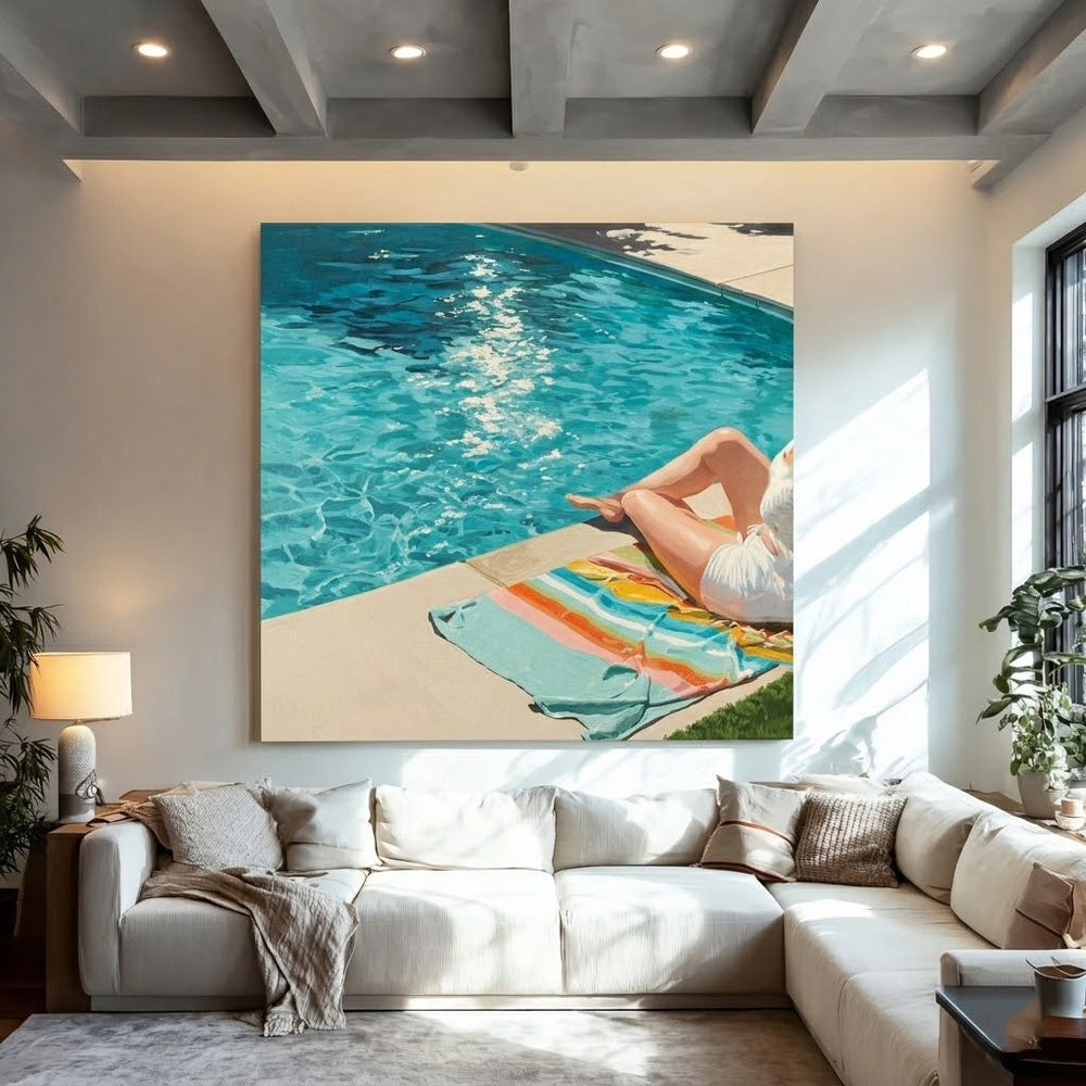 Original Poolside Oil Painting For Modern Living Room Summer Vibes