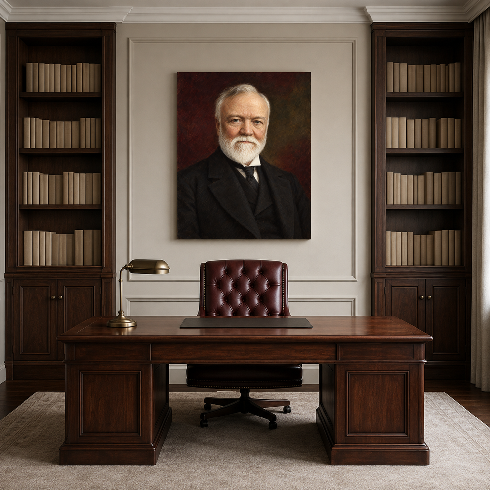 Andrew Carnegie oil portrait in a professional office
