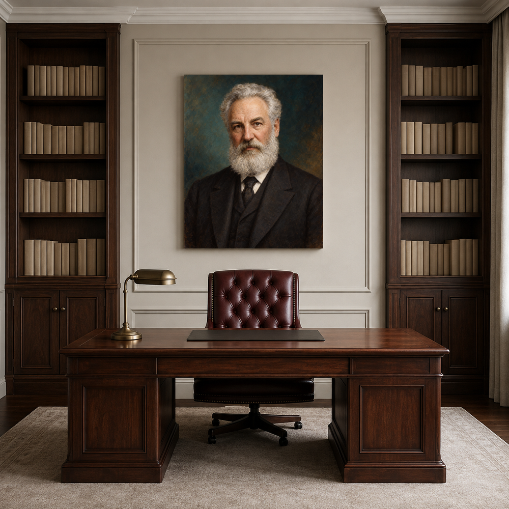 Alexander Graham Bell oil portrait in a professional office