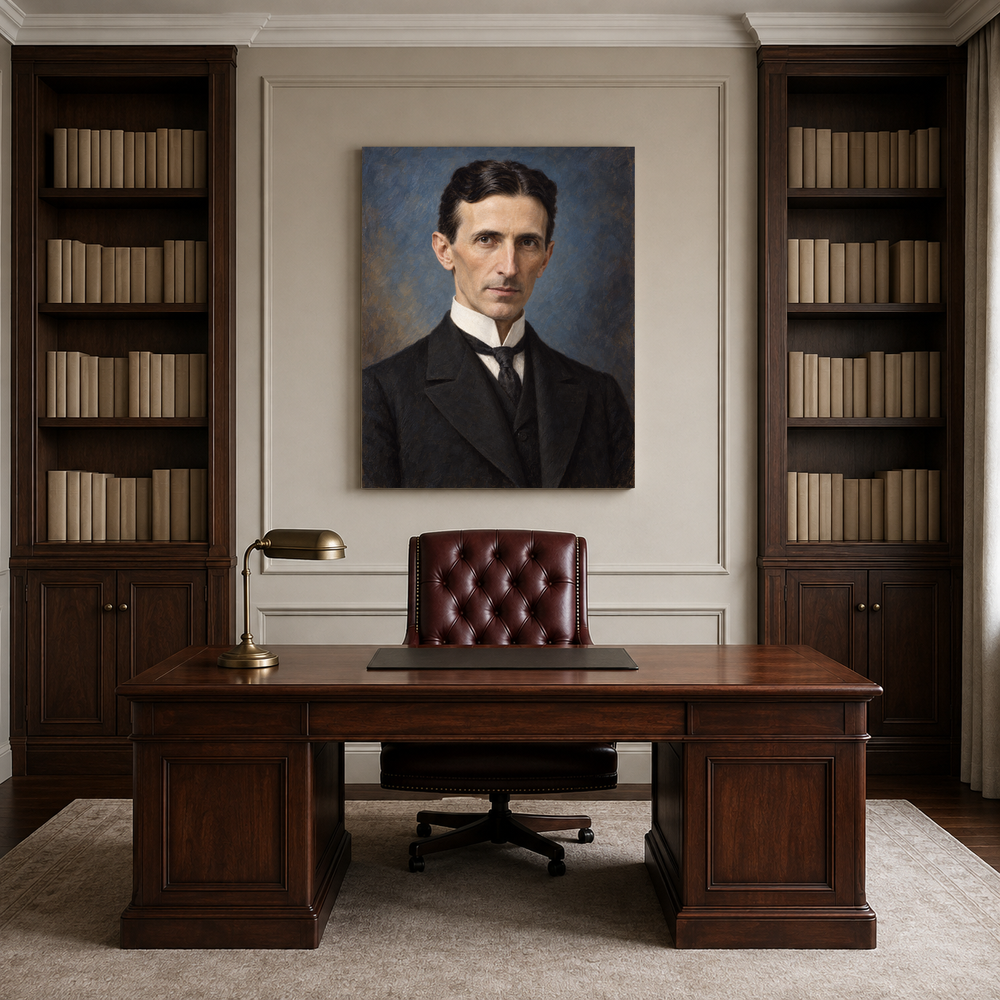 Nikola Tesla oil portrait in a professional office