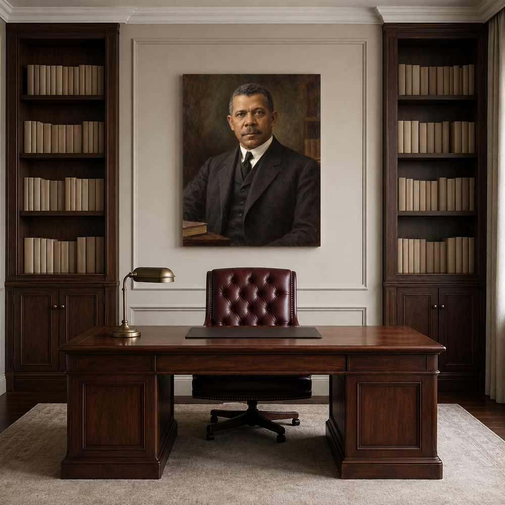Booker T. Washington oil portrait in a professional office