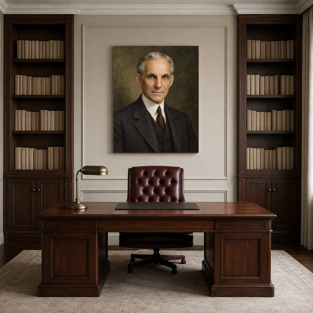 Henry Ford oil portrait in a professional office