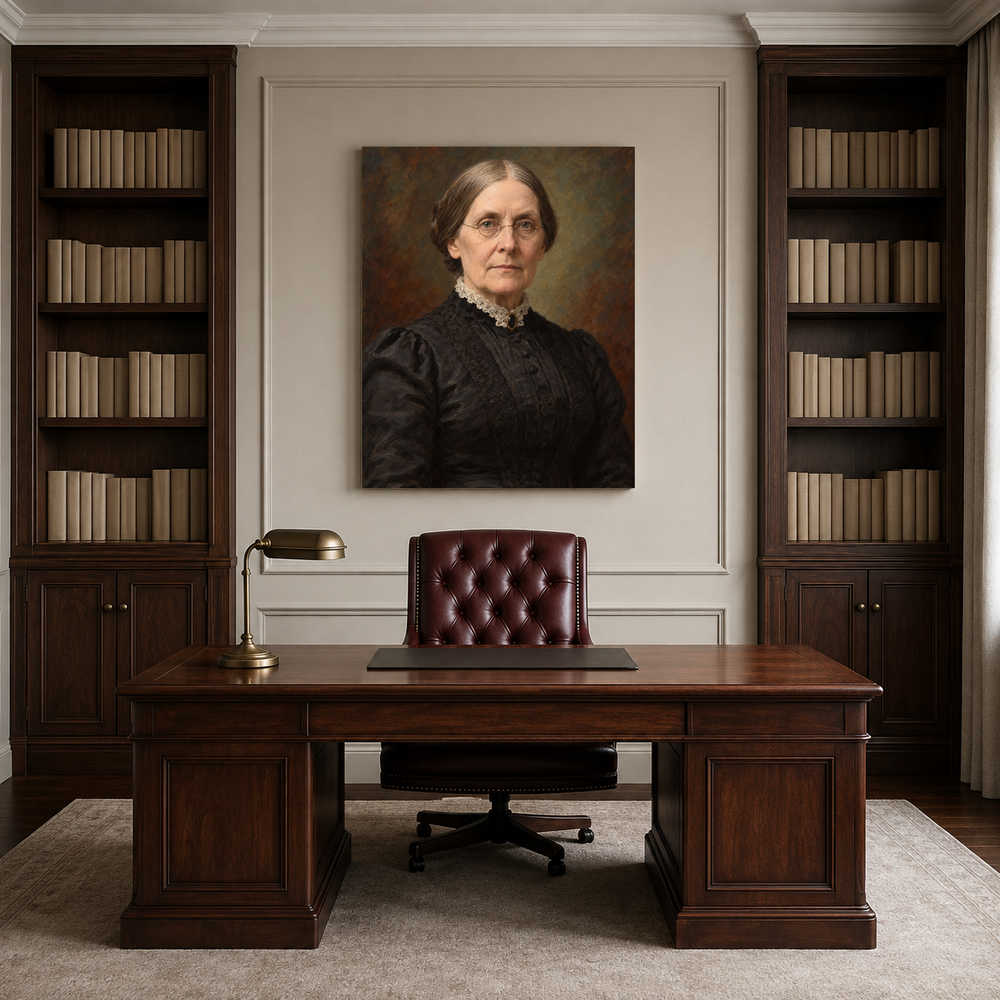 Susan B. Anthony oil portrait in a professional office