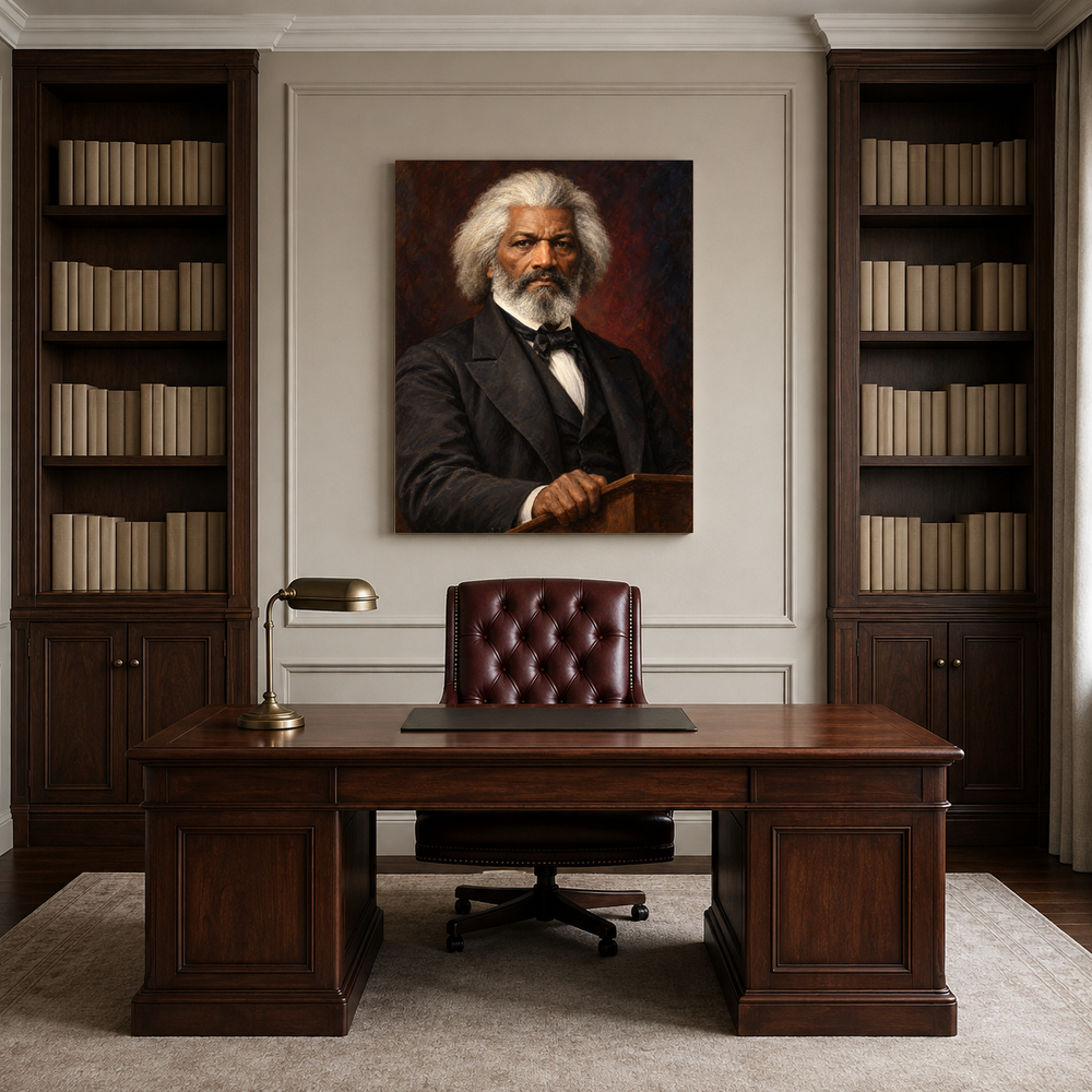 Frederick Douglass oil portrait in a professional office