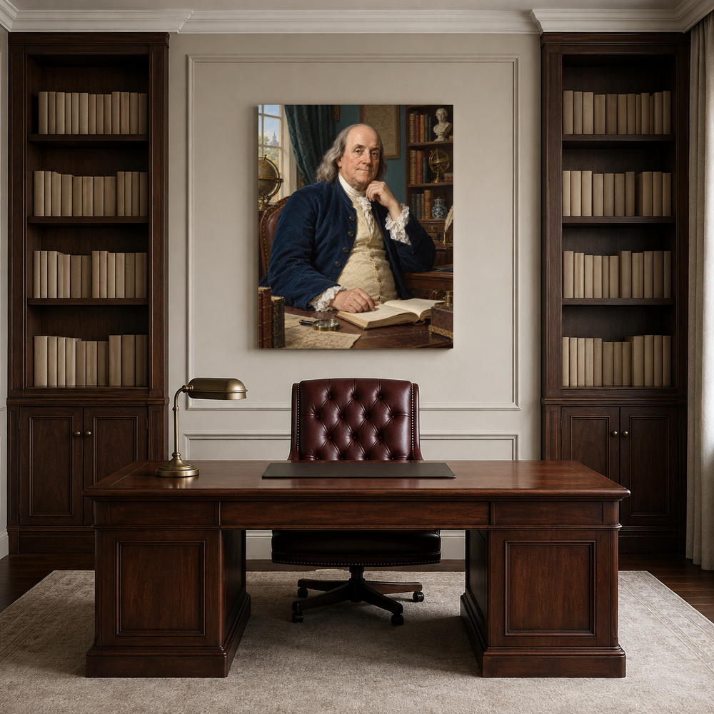 Benjamin Franklin oil portrait in a professional office