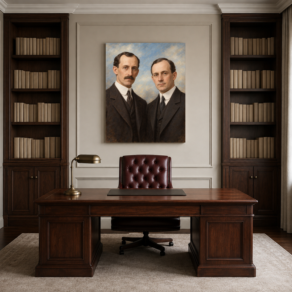 Wilbur and Orville Wright oil portrait in a professional office