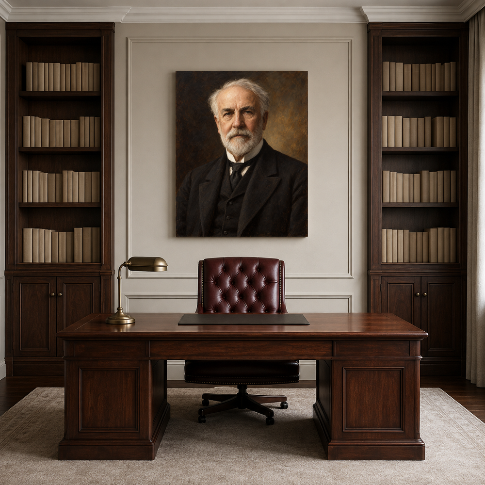 Thomas Edison oil portrait in a professional office