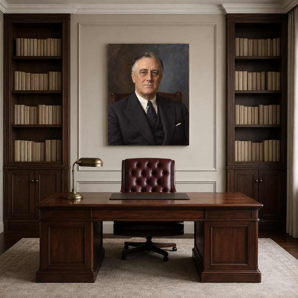 Franklin D. Roosevelt oil portrait in a professional office