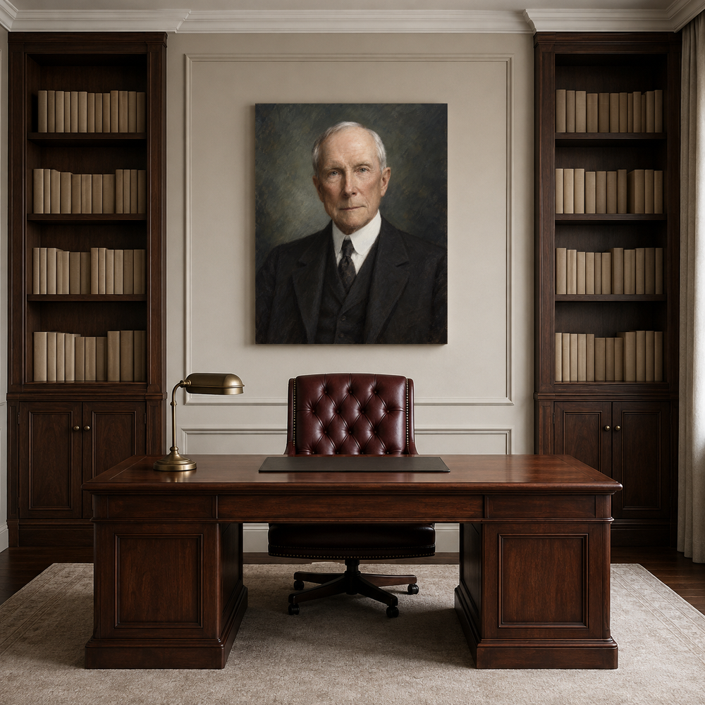 John D. Rockefeller oil portrait in a professional office