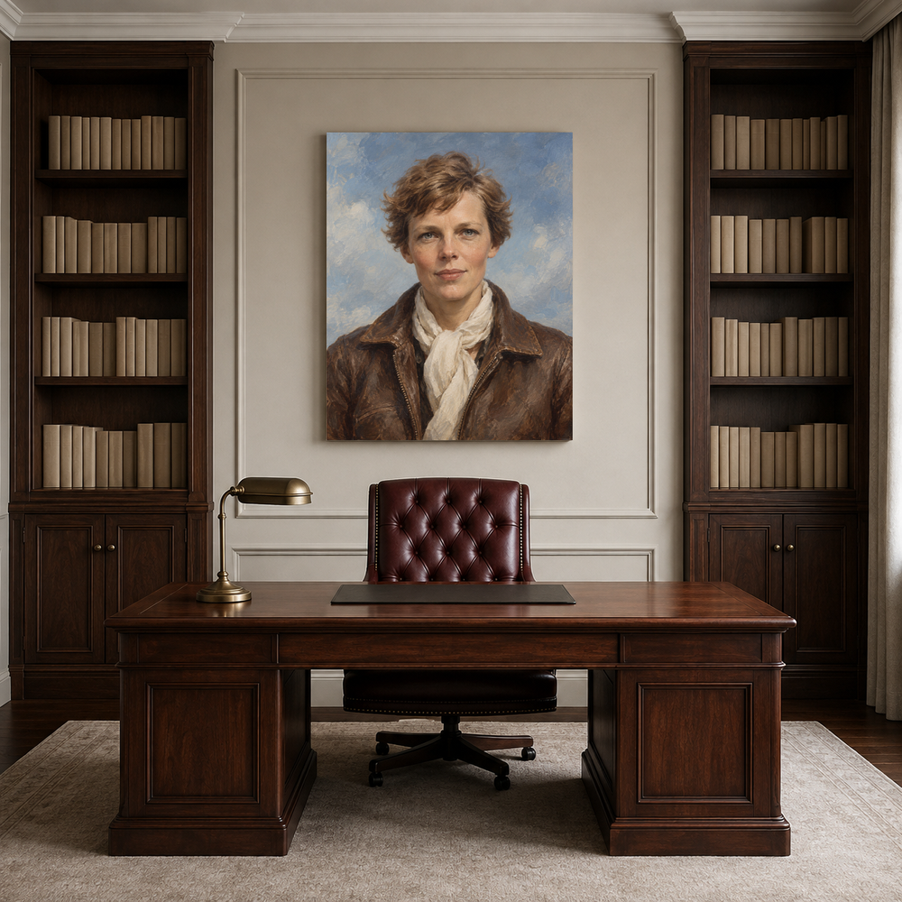 Amelia Earhart oil portrait in a professional office