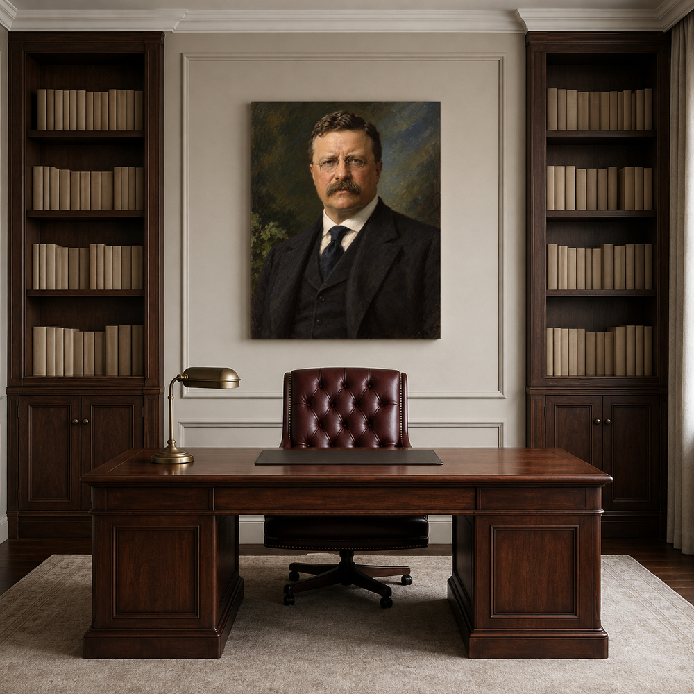 Theodore Roosevelt oil portrait in a professional office