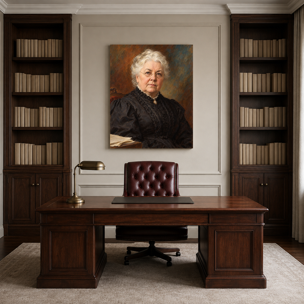 Elizabeth Cady Stanton oil portrait in a professional office