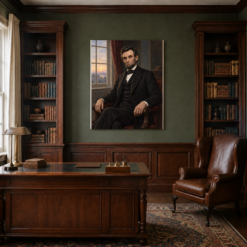 Abraham Lincoln oil portrait in a traditional study