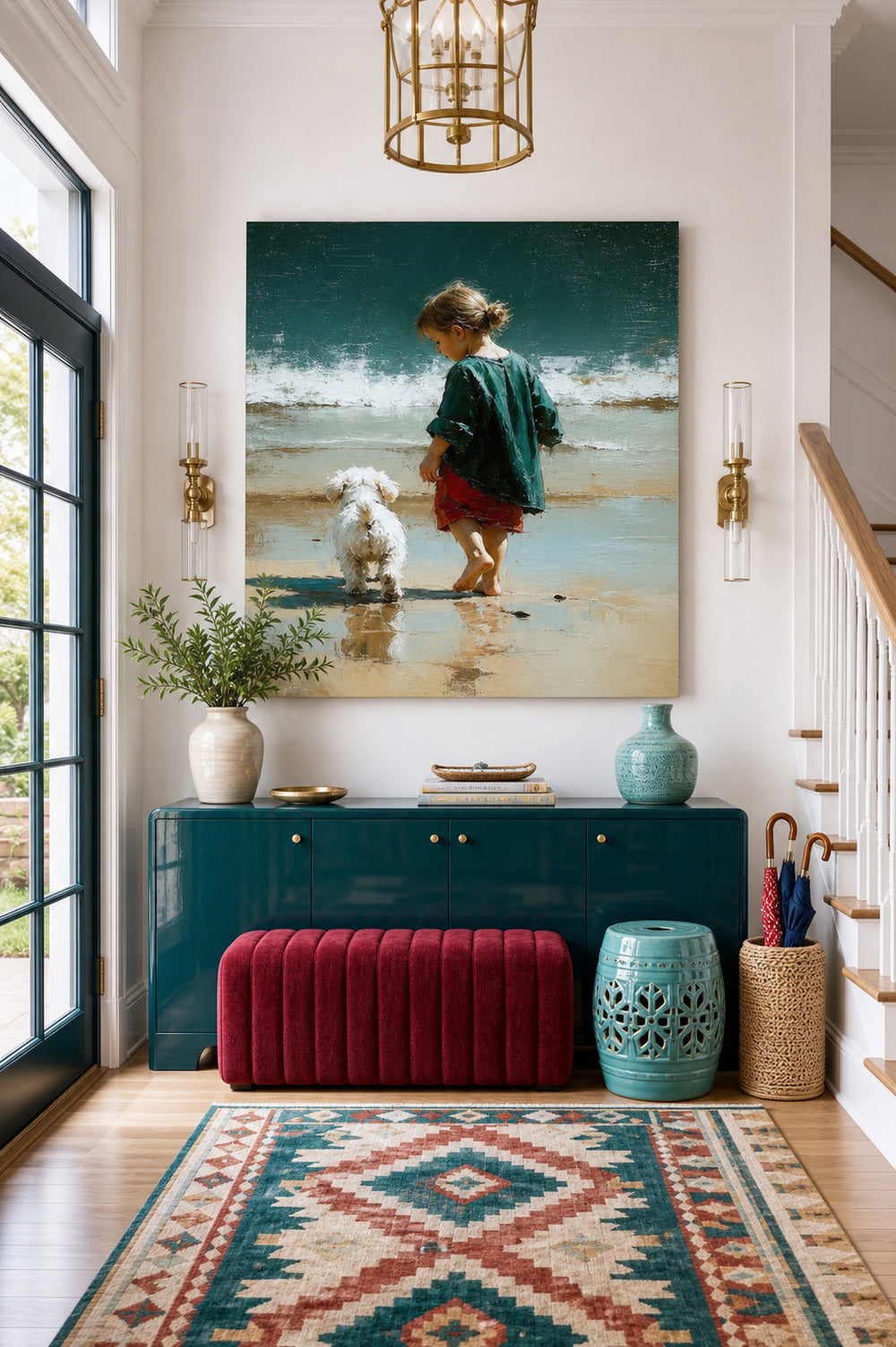 Textured Impressionist Beach Scene With Child And Pet Square Wall Art