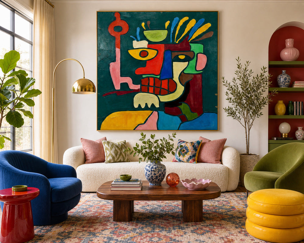 Vibrant Abstract Portrait Painting With Graffiti Elements For Modern Home Decor