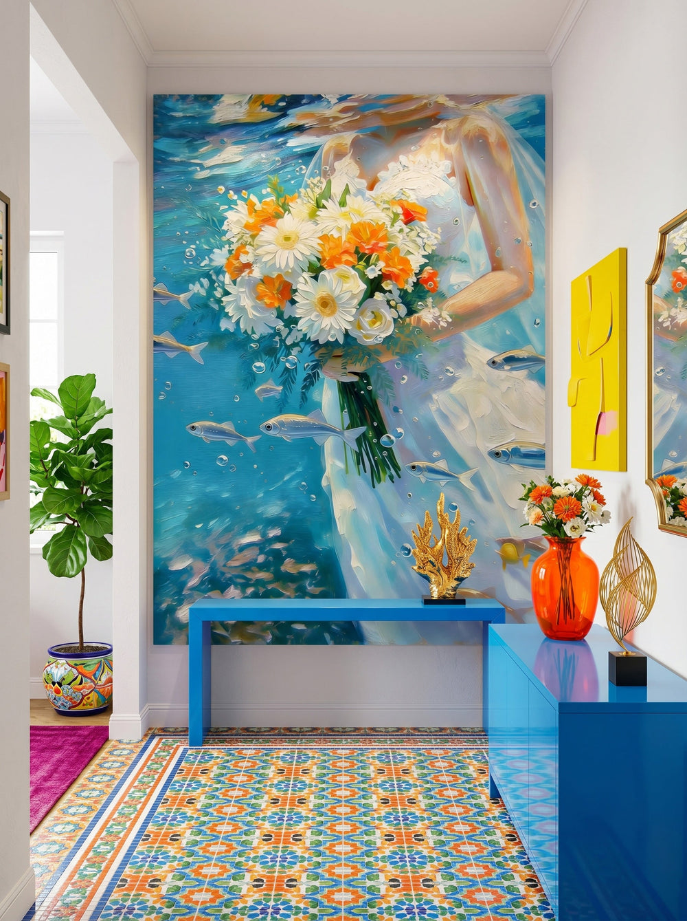 Underwater Bridal Floral Oil Painting With Fish And Bubbles For Modern Home Decor
