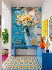Underwater Bridal Floral Oil Painting With Fish And Bubbles For Modern Home Decor