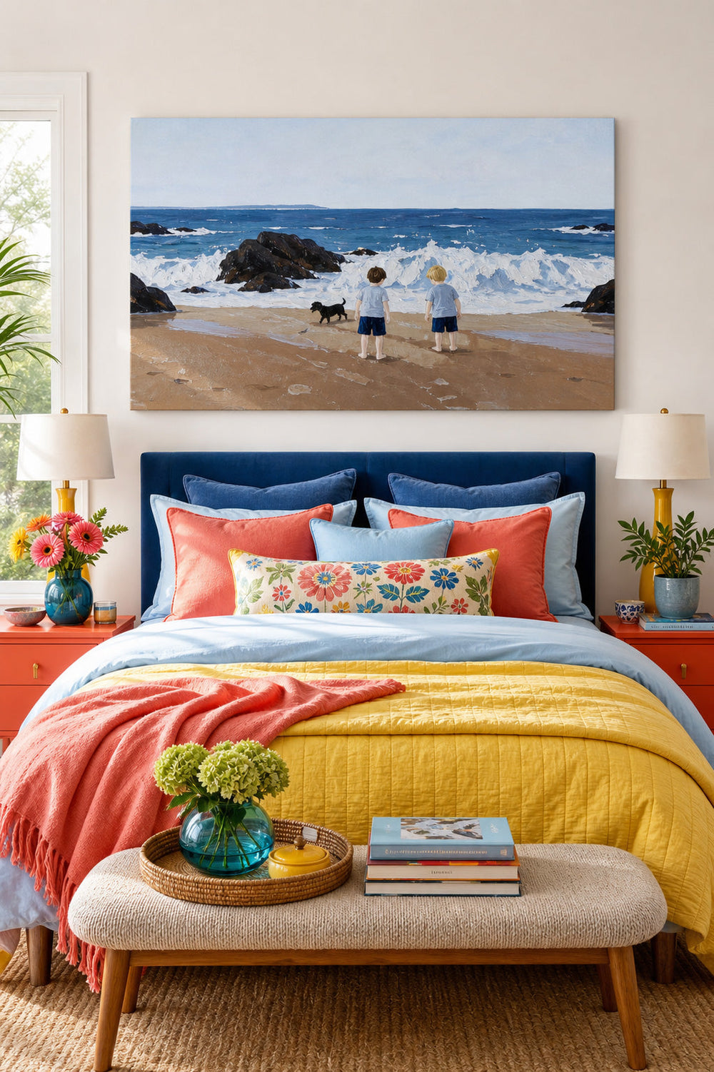 Hand Painted Beach Scene With Children And Pet Dog Nostalgic Family Wall Art