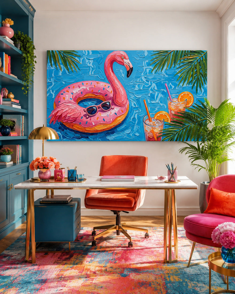 Vibrant Flamingo Pool Painting For Summer Home Decor With Retro Pop Art Style