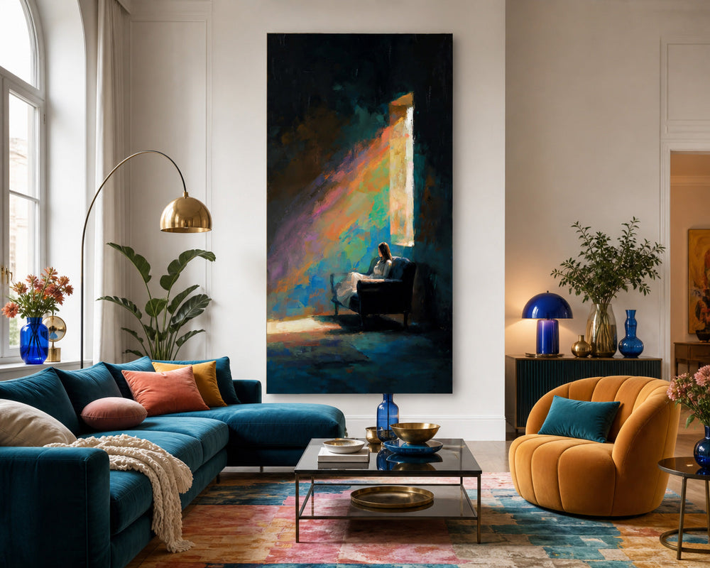 Large Vertical Canvas Art Featuring Expressive Figure In Colorful Abstract Style