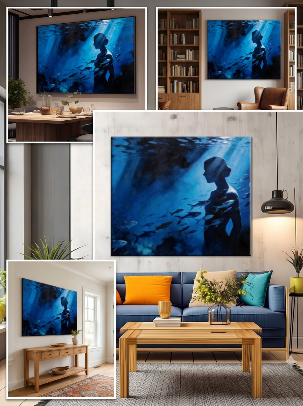 Underwater Surrealism Oil Painting With Female Silhouette And Fish For Modern Home Decor