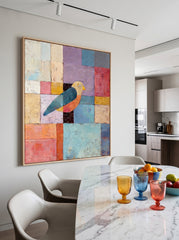 Colorful Geometric Bird Painting Original Oil Art For Modern Living Room Decor