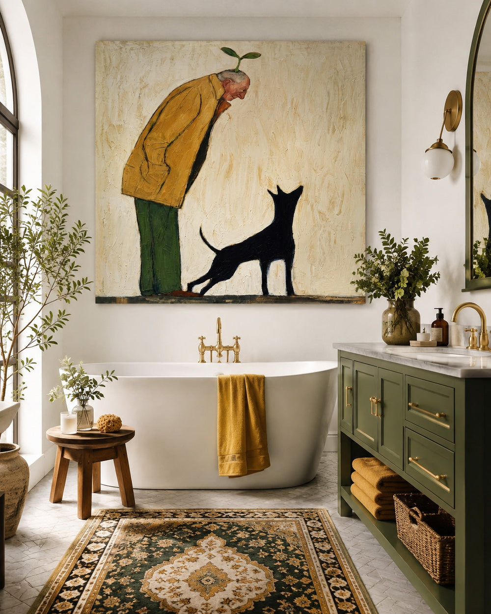 Unique Surreal Portrait Of Man With Plant And Black Dog