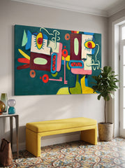 Quirky Abstract People Painting With Colorful Geometric Shapes For Modern Home Decor