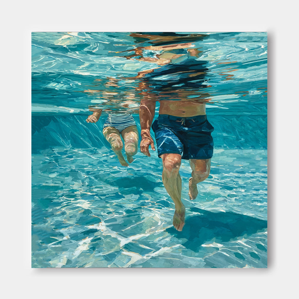 Underwater Swimming Art For Modern Coastal Living Room Decor With Blue Tones