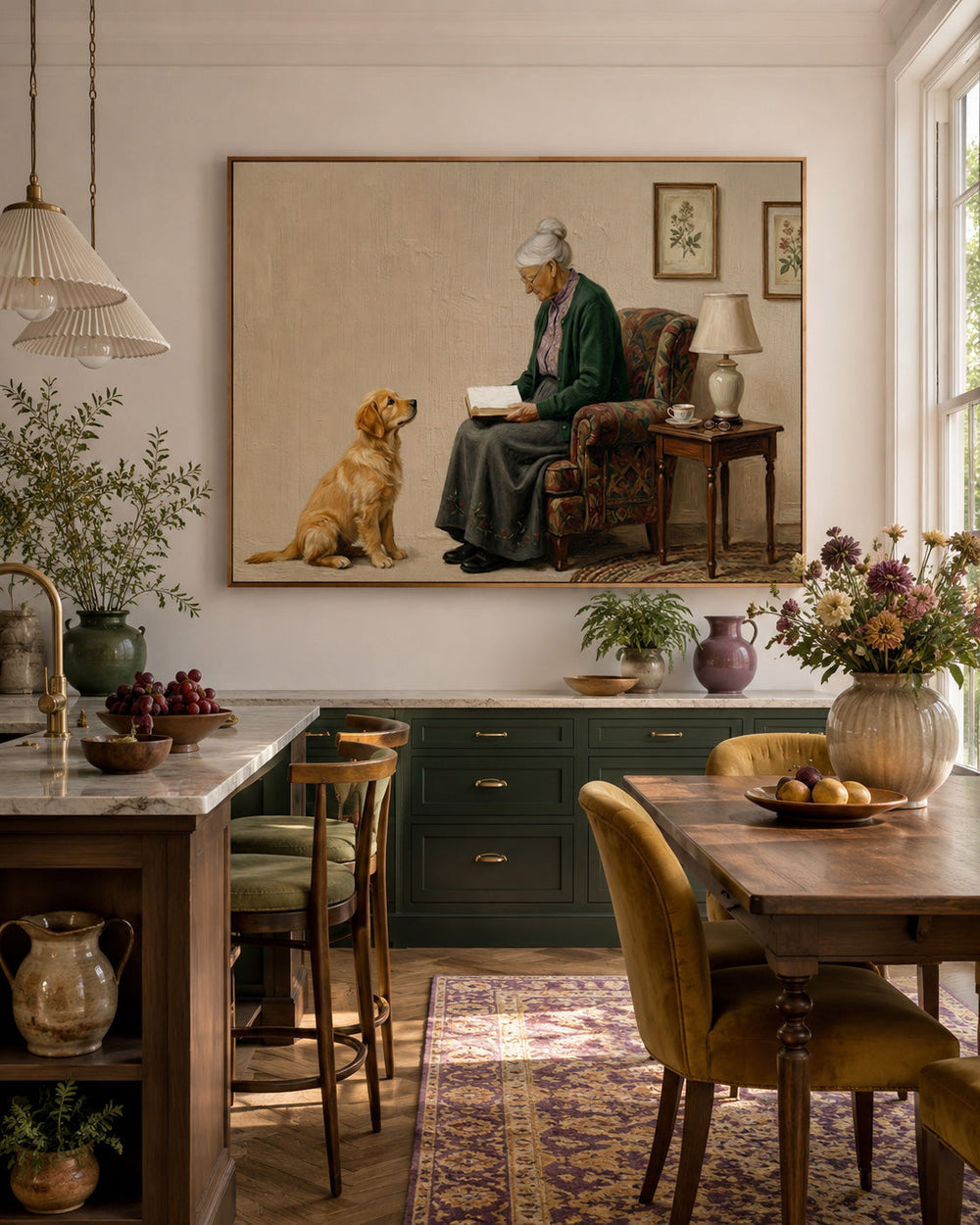 Vintage Style Oil Painting Of Elderly Woman Reading With Pet