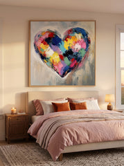Textured Canvas Art With Geometric Heart Design Original Oil Painting