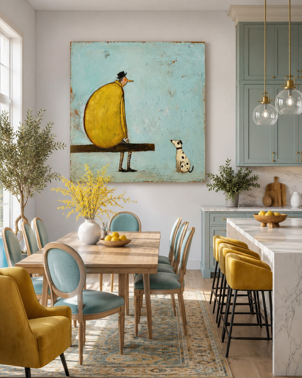 Retro Modern Square Art Print Featuring Stylized Figure And Pet In Yellow And Blue