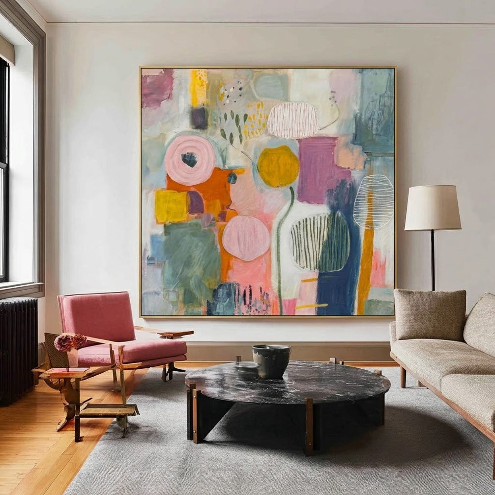 Original Hand Painted Abstract Art On Linen Canvas With Expressive Texture And Whimsical Design For Home Office