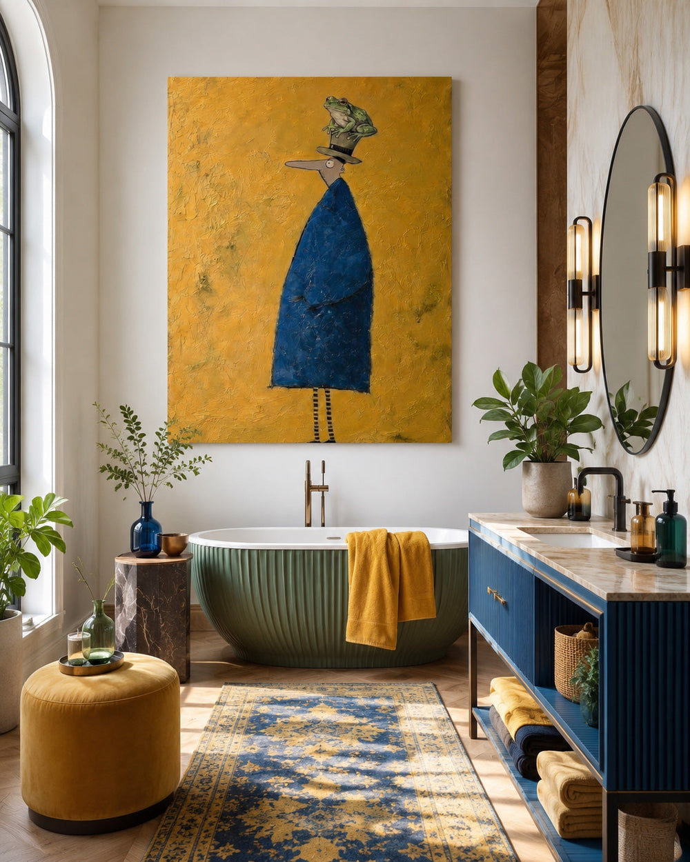 Abstract People Painting With Frog Minimalist Gold Blue Wall Art For Living Room