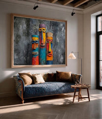 Whimsical Totem Art Print With Rich Texture And Bold Colors For Eclectic Interior Design