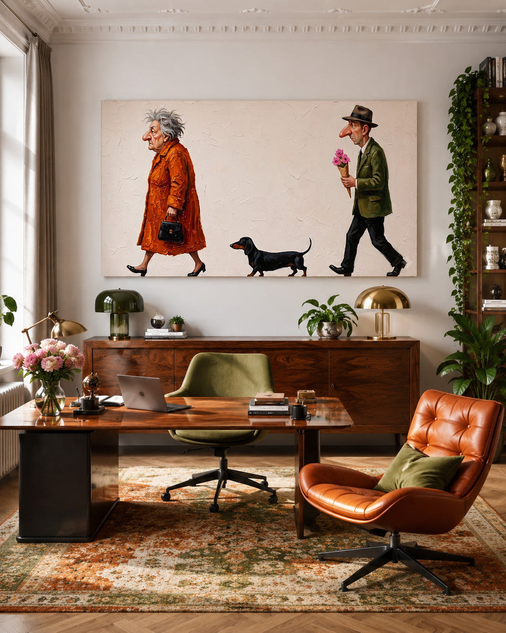 Whimsical Oil Painting Of Couple With Dog For Retro Living Room Decor