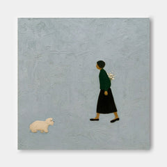 Minimalist Girl And Dog Painting Textured Grey Wall Art For Modern Home Decor