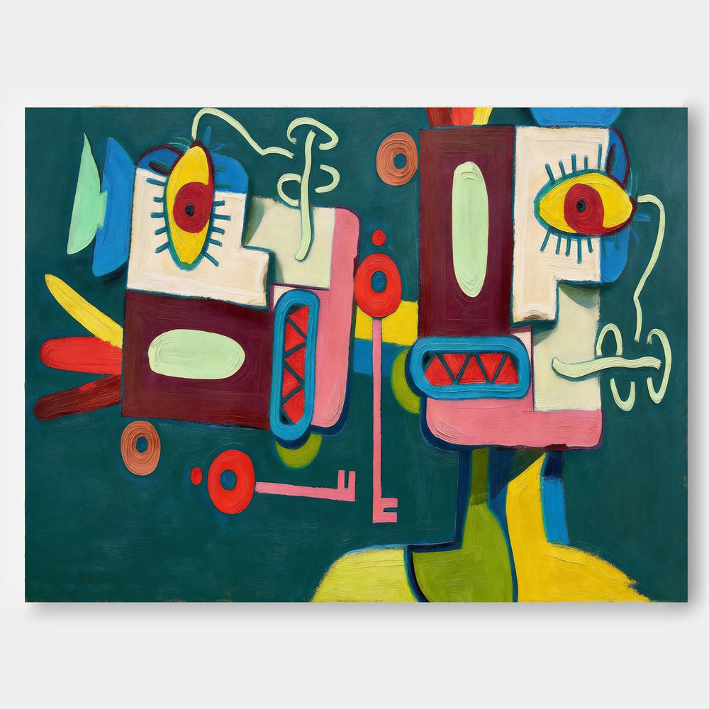 Quirky Abstract People Painting With Colorful Geometric Shapes For Modern Home Decor