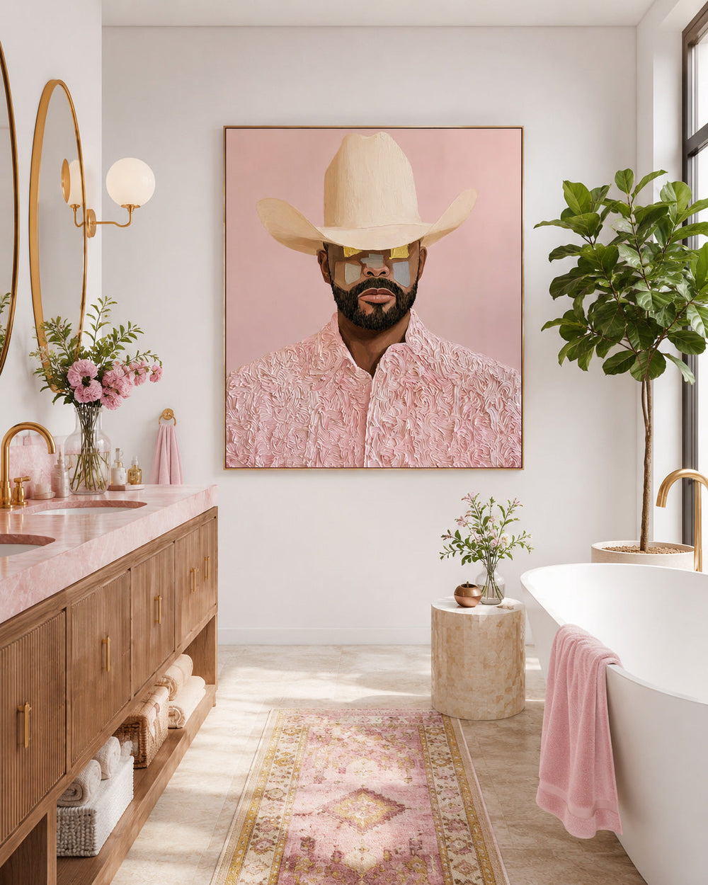 Modern Cowboy Portrait Pink Textured Canvas Art For Living Room Decor