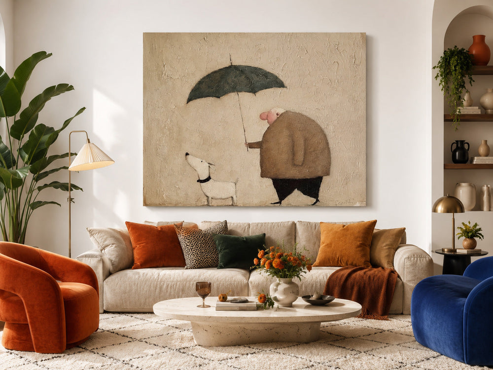 Whimsical Square Canvas Art Cute Man And Pet Under Umbrella For Living Room