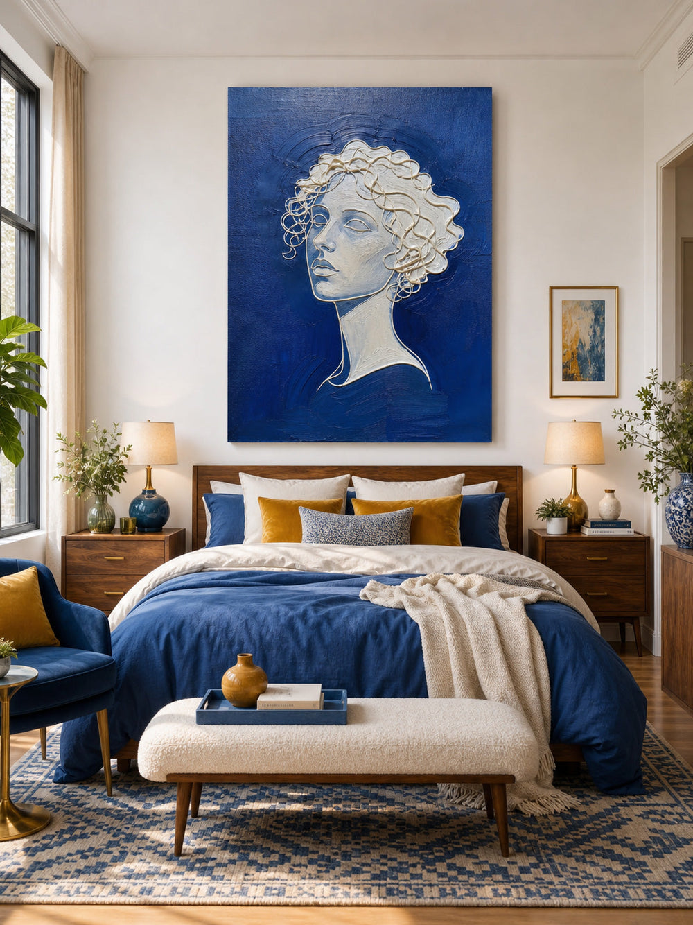 Modern Blue And Gold Line Art Portrait Painting For Living Room Decor