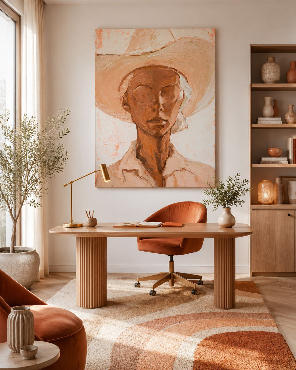 Original Oil Painting Of Woman In Hat With Expressive Texture For Entryway And Hallway