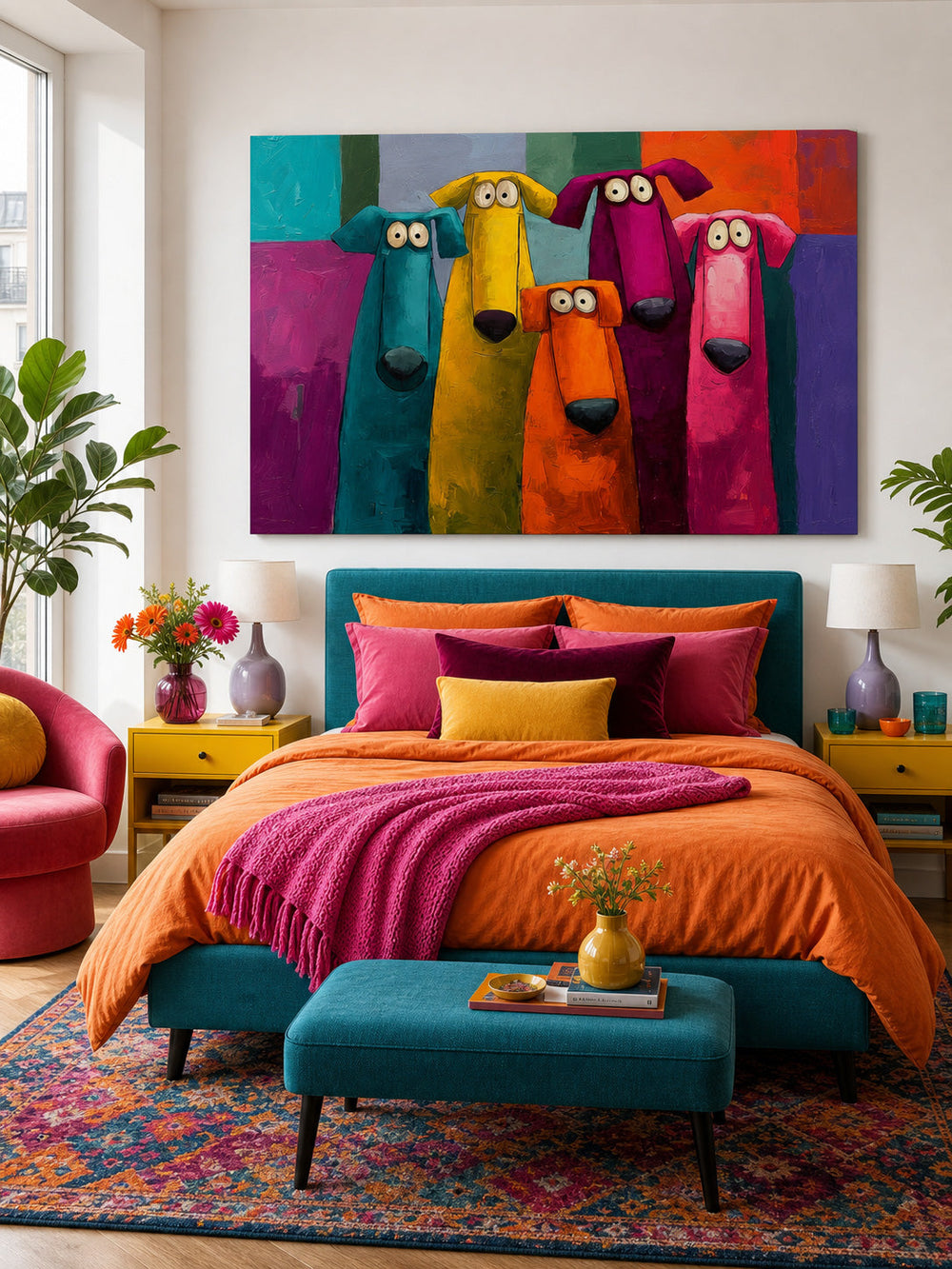 Pop Art Dog Group Painting In Bright Colors For Kids Room Or Lounge