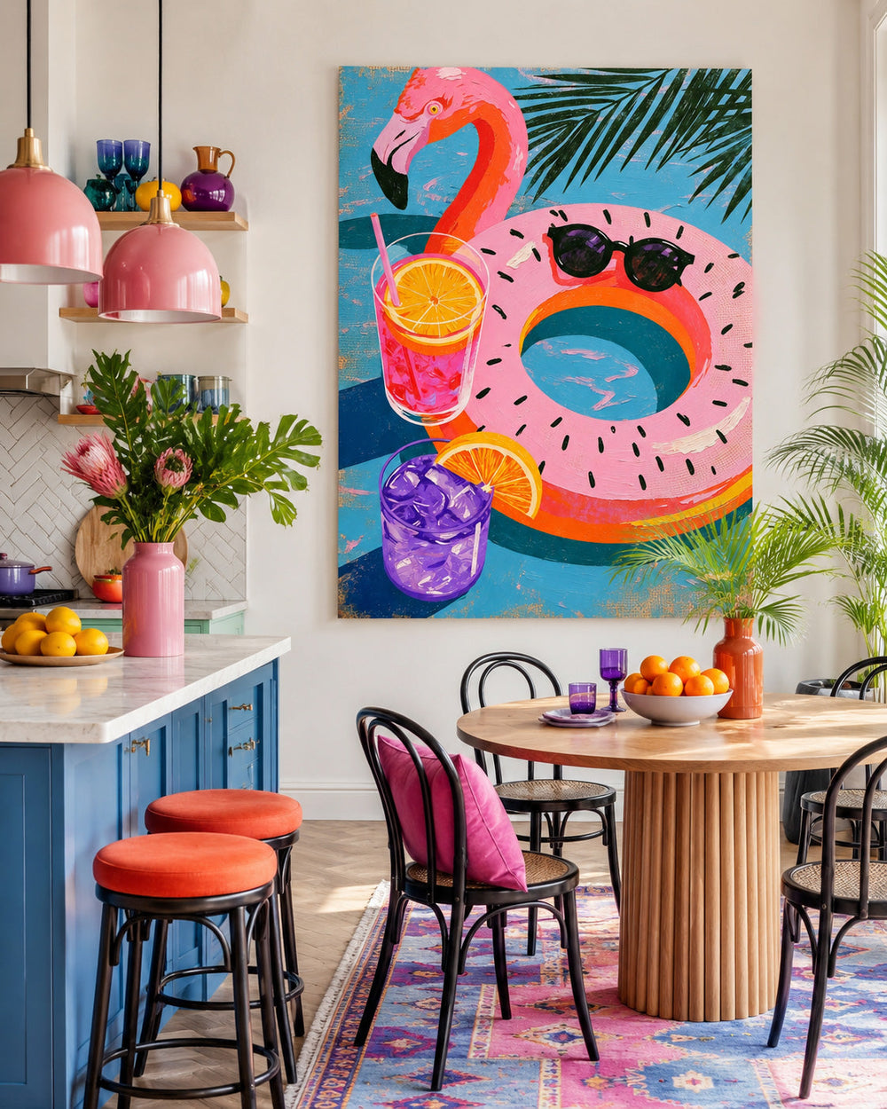 Whimsical Tropical Cocktail And Flamingo Float Canvas Art For Bright Sunroom Wall Decor