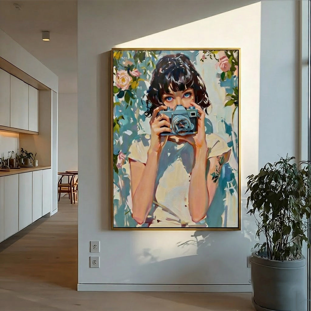 Hand Painted Acrylic And Oil Canvas Of Girl Holding Vintage Camera