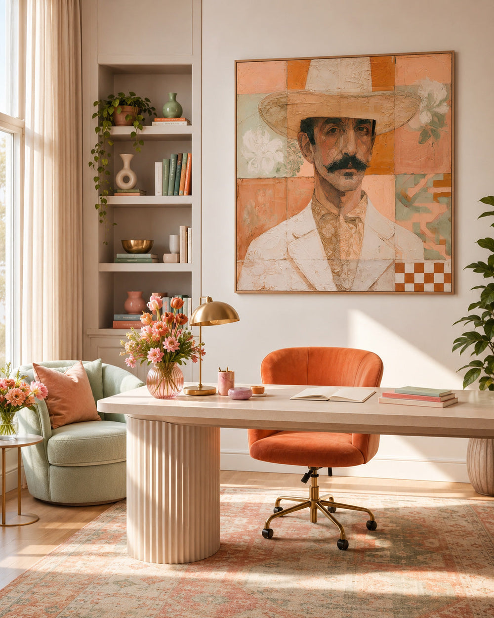 Square Format Portrait Artwork With Checkered And Floral Motifs For Wall Decoration