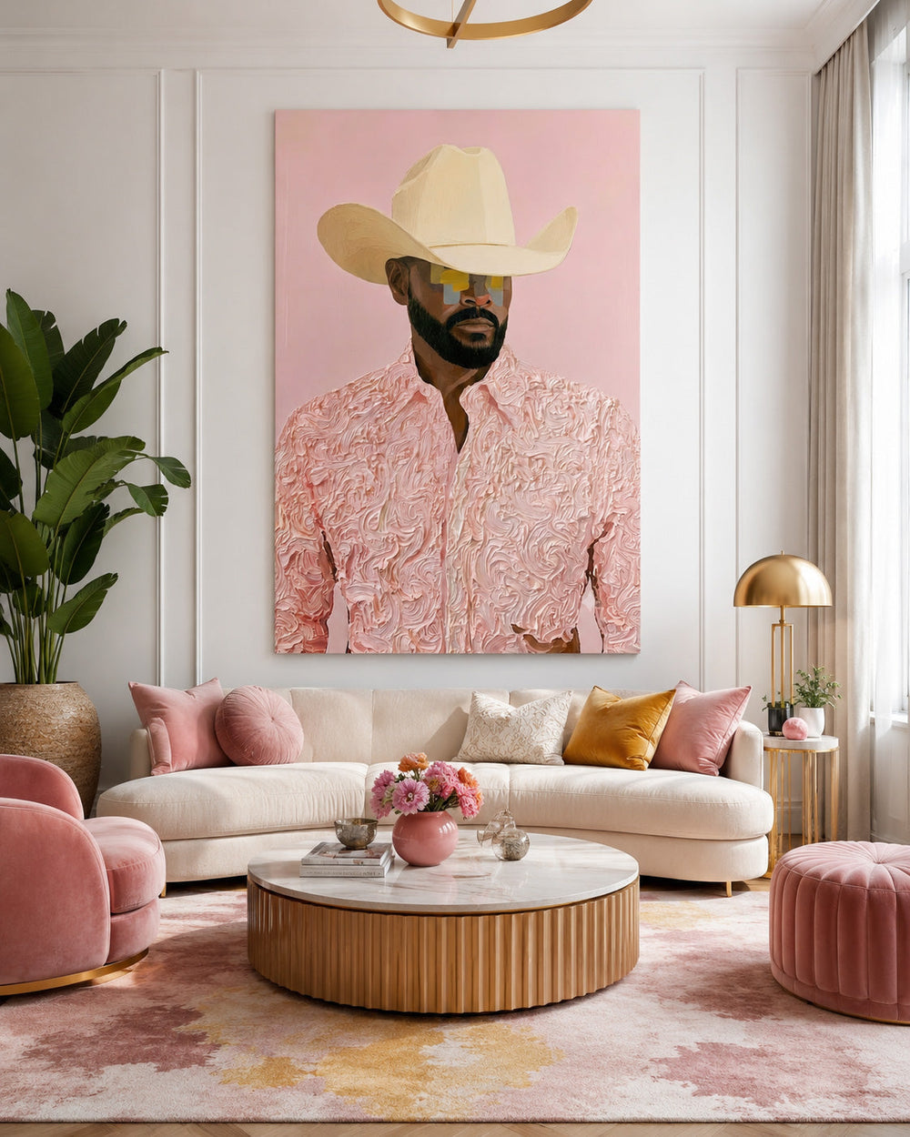 Modern Cowboy Portrait Painting Pink Textured Wall Art For Living Room Decor