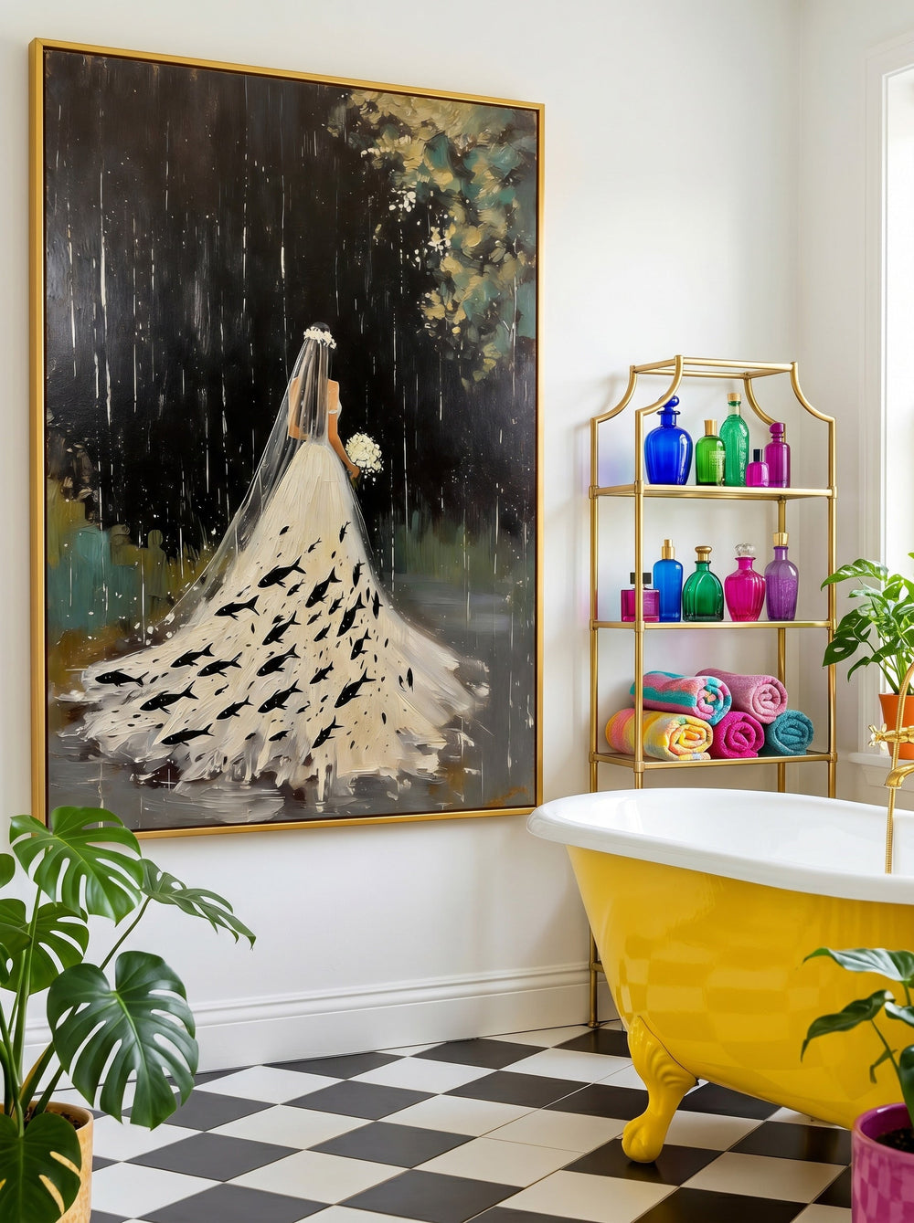 Surreal Bride Painting With Fish In Rain For Modern Home Decor